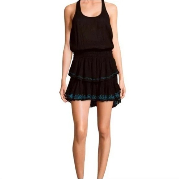 NWT Love Shack Fancy Black Ruffle Racer Back Mini Dress w Blue Embroidery  Size S